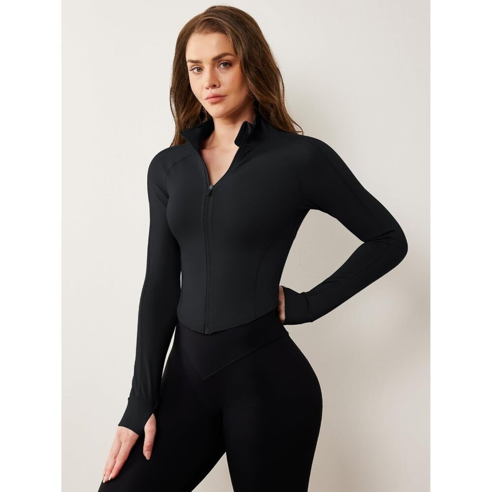 Women's Cropped Lightweight Zip Up Yoga Jacket Athletic Sportswear - Picture 2 of 5